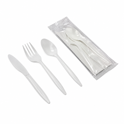WHITE CUTLERY SET – SPOON / FORK / KNIFE / NAPKIN (500 SETS/CARTON)