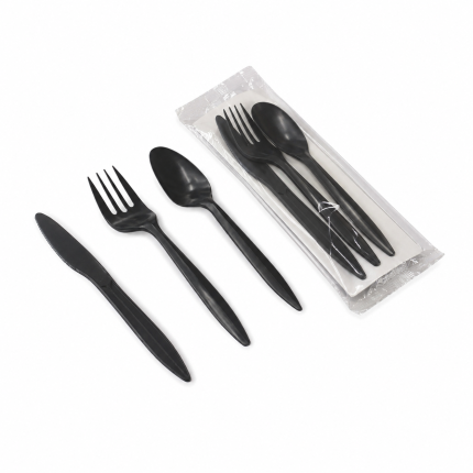 BLACK CUTLERY SET – SPOON / FORK / KNIFE / NAPKIN (500 SETS/CARTON)